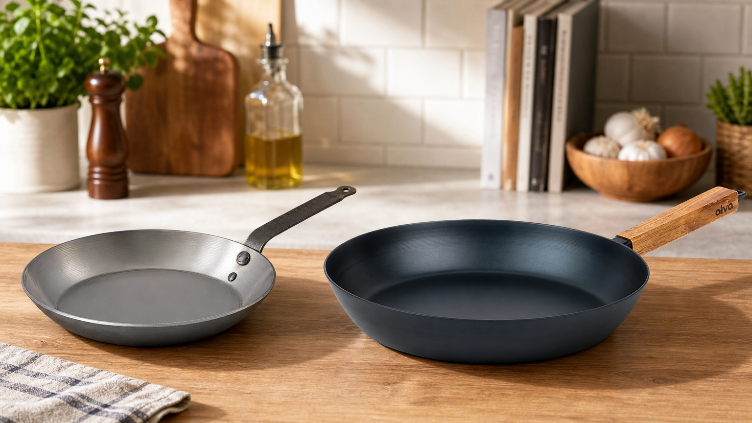 Neutral use-case context visual for Matfer Bourgeat Black Carbon Steel Frying Pan and Alva Forest Blue Carbon Steel Frying Pan