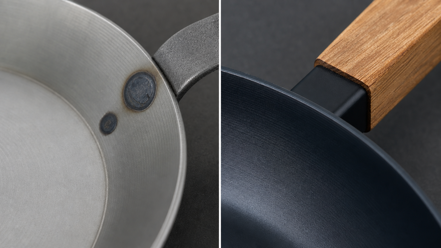 Side-by-side product detail visual for Matfer Bourgeat Black Carbon Steel Frying Pan and Alva Forest Blue Carbon Steel Frying Pan