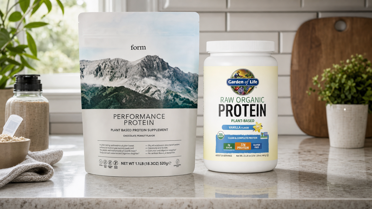 Neutral use-case context visual for Form Performance Vegan Protein and Garden of Life Raw Organic Protein - Vanilla