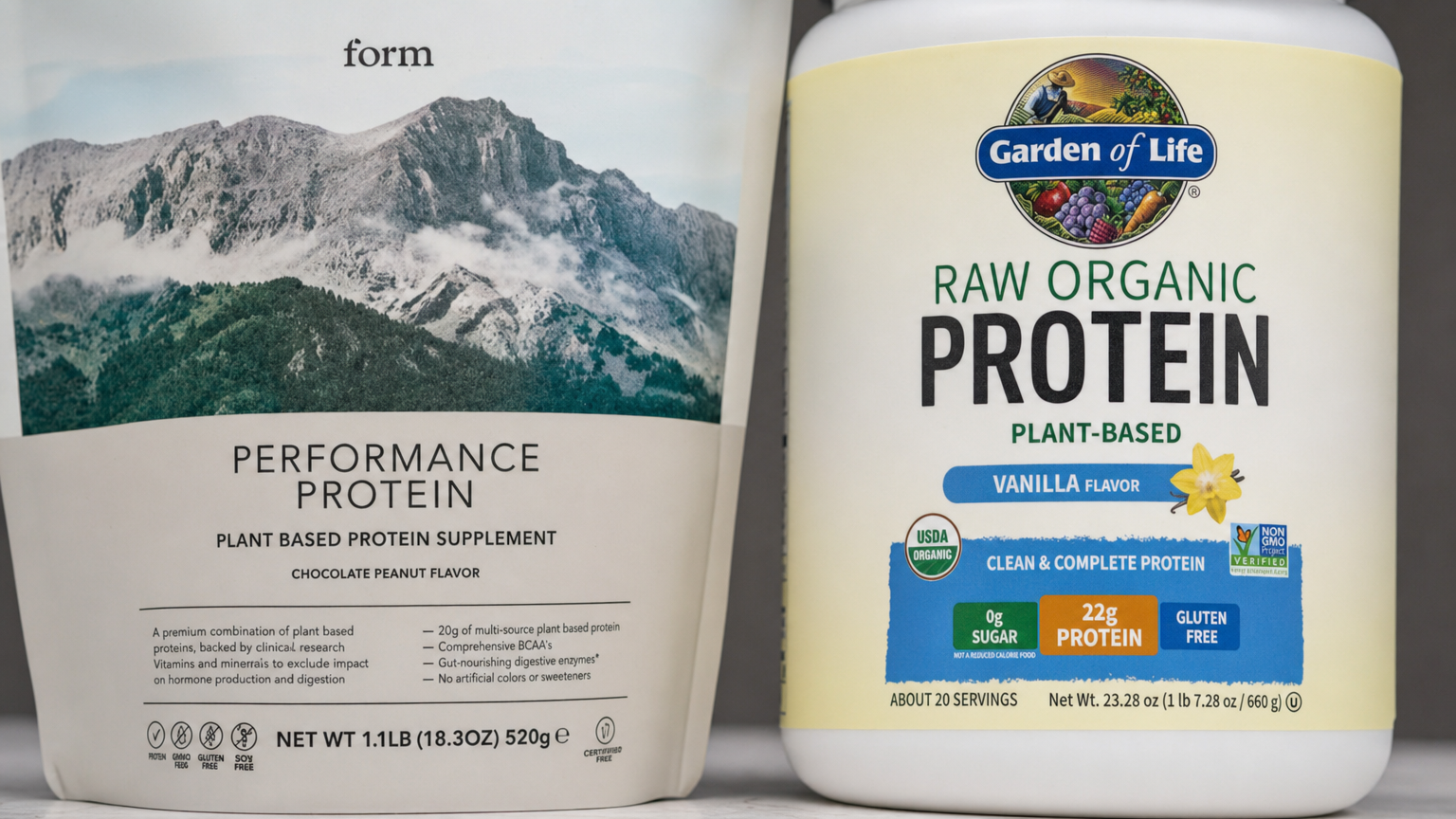Side-by-side product detail visual for Form Performance Vegan Protein and Garden of Life Raw Organic Protein - Vanilla