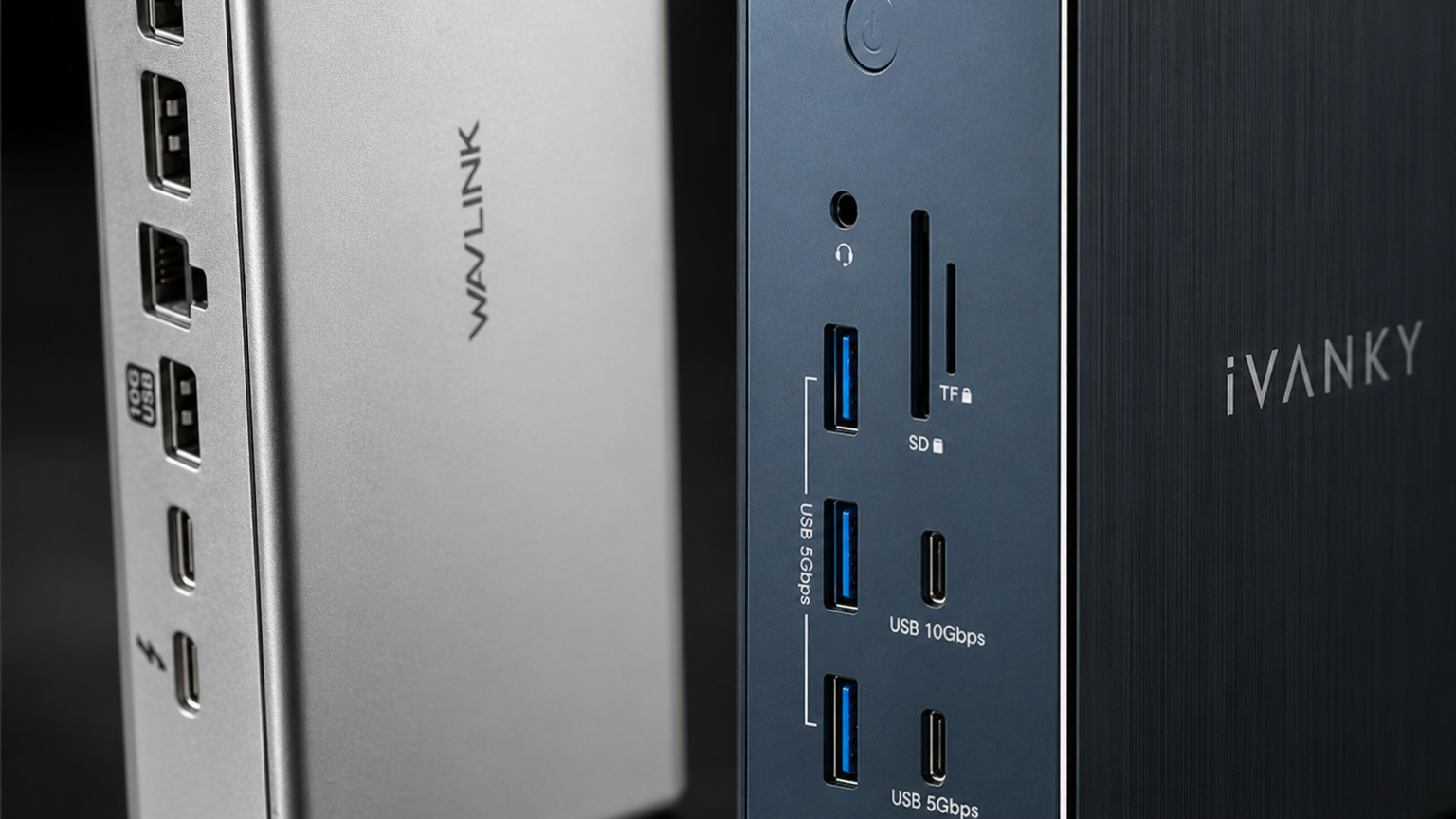 Side-by-side product detail visual for WAVLINK Pro Docking Station Quad 4K Displays and iVANKY FusionDock Pro 2