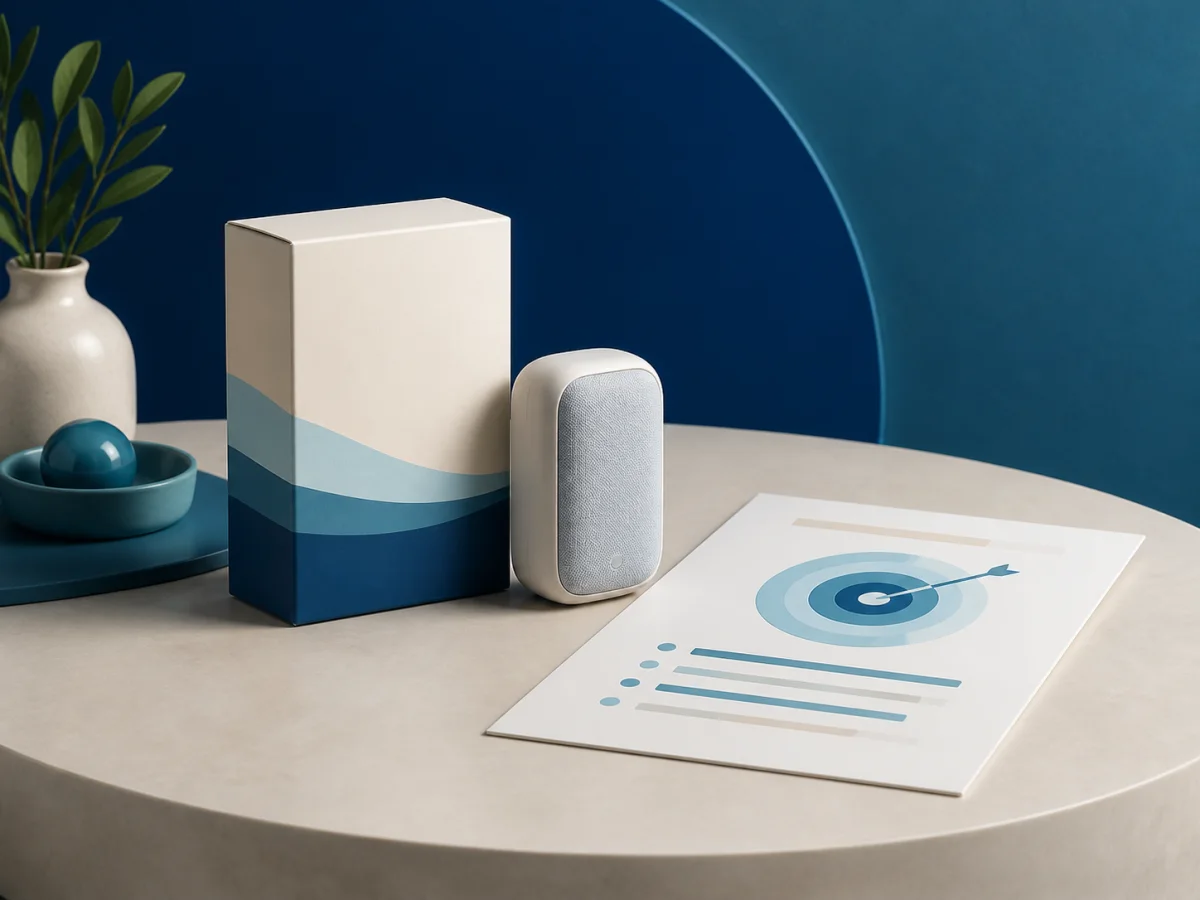 A product, campaign brief, and goal arranged on a studio table