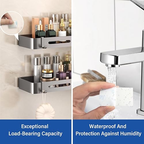 3M Double Sided Mounting Tape listing panel demonstrating load-bearing use on a bathroom shelf and its waterproof, humidity-resistant claim
