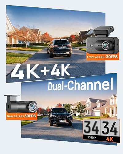 70mai A900 dual-channel setup recording 4K on both the front and rear cameras, next to a blurry 1080p plate for comparison