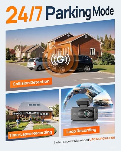 70mai A900 24/7 parking mode showing collision detection, time-lapse, and loop recording, which require a separately sold hardwire kit