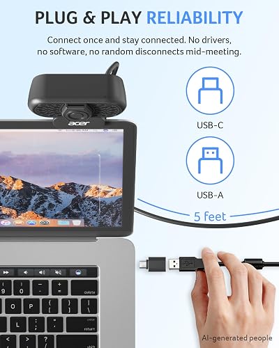 The Acer 1080p webcam on its tripod thread next to its USB-C adapter and long cable