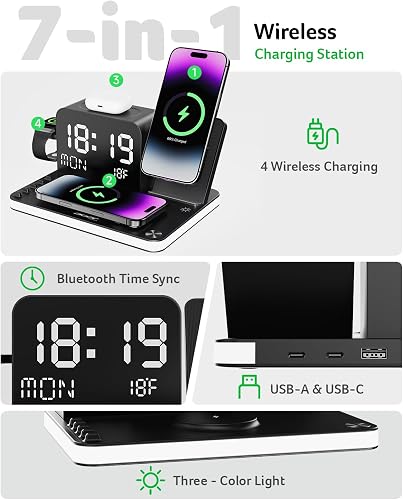 Customer photo of the Acer 7-in-1 charging station charging two phones, an Apple Watch, and AirPods on a nightstand