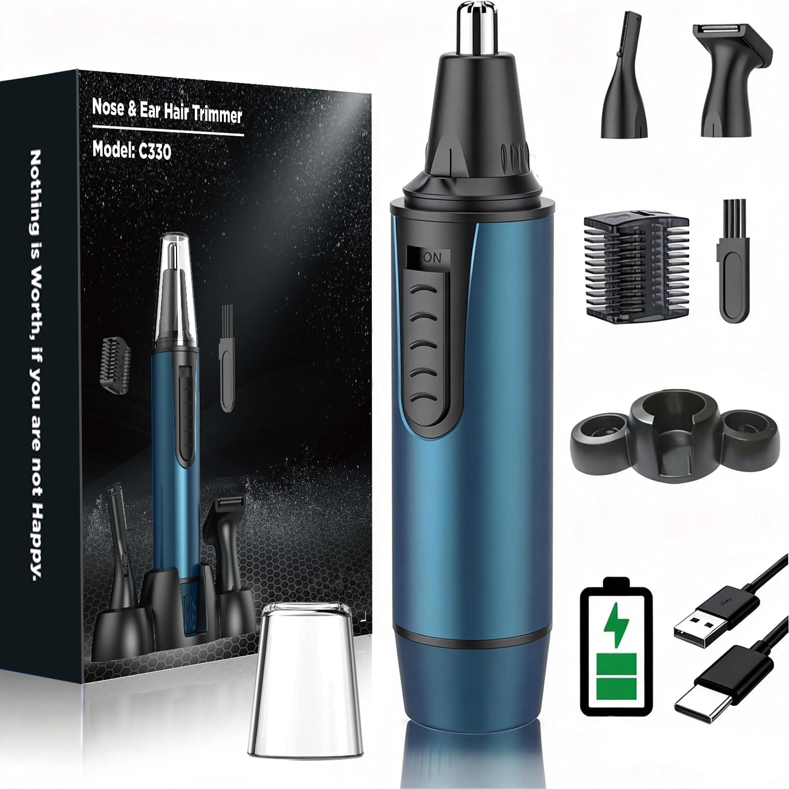 AREYZIN nose hair trimmer showing the 360° dual-edge blade design and chrome black finish