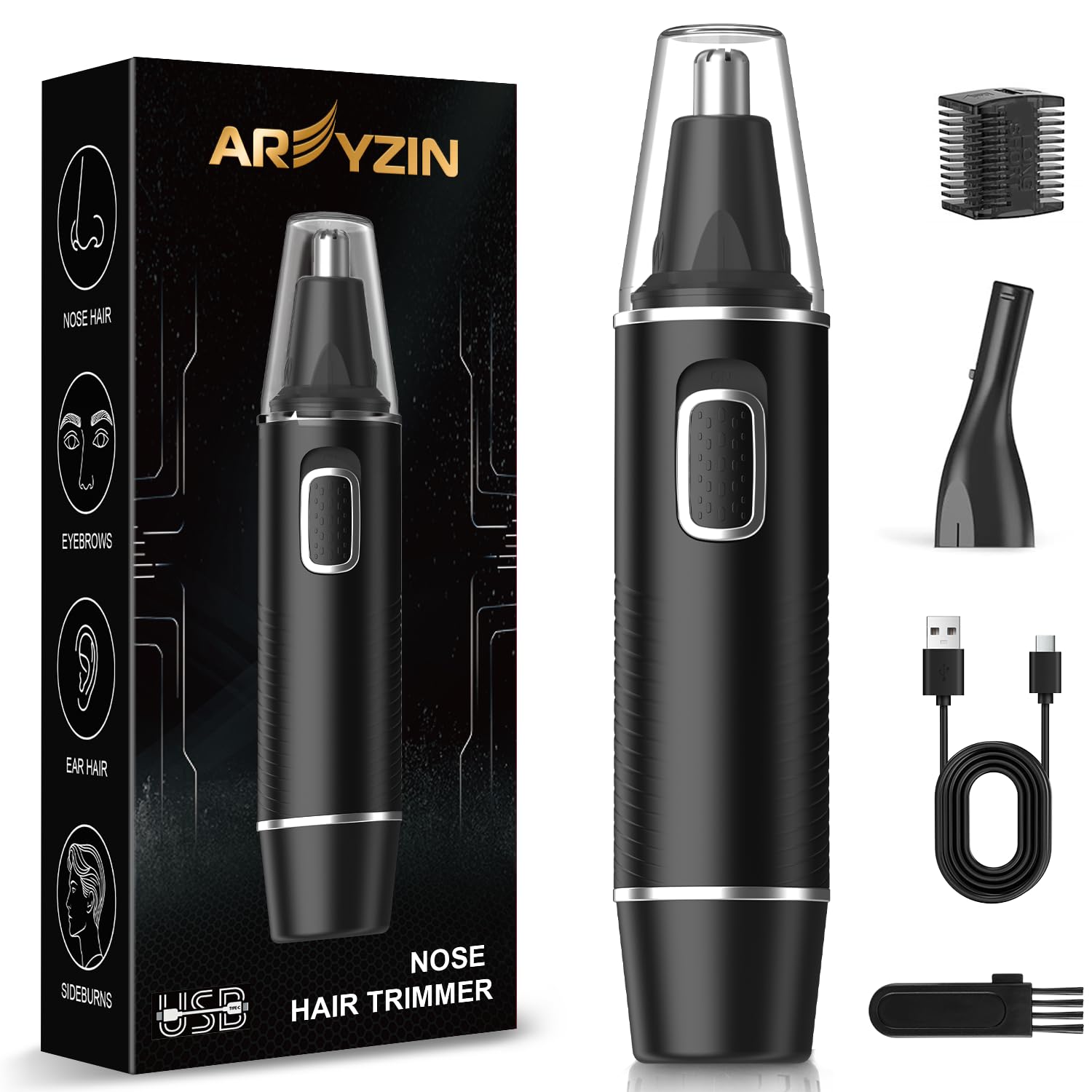 AREYZIN nose hair trimmer with eyebrow attachment and accessories included in the box