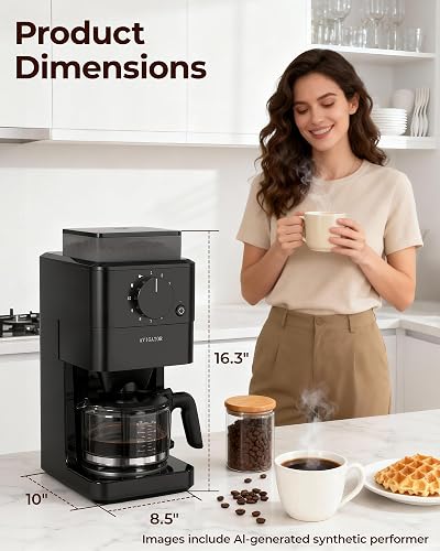 Avigator product dimensions panel showing the machine's height, depth, and width on a kitchen counter