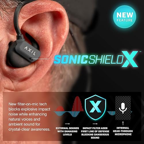 AXIL GS Extreme 3.0 earbuds worn with the neck band and collar clip during outdoor use