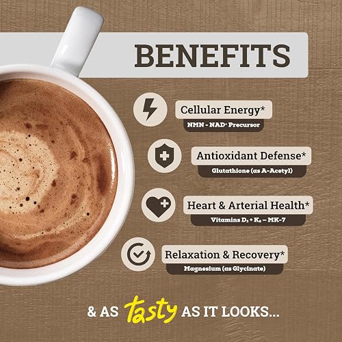 A prepared mug of Black Forest Longevity Mix Mocha beside the brand's list of claimed benefits