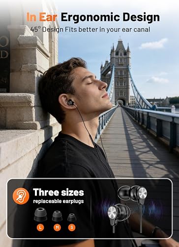 The BLXSounds USB C wired earbuds worn in-ear, alongside the three included replaceable ear tip sizes