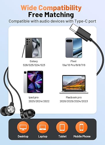 Compatibility chart for the BLXSounds USB C earbuds showing Galaxy, Pixel, iPad Pro, and MacBook support