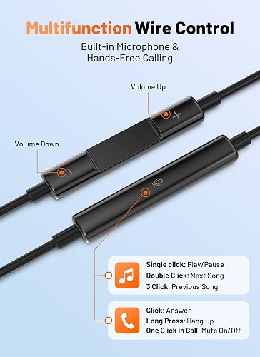 The three-button inline remote and microphone module on the BLXSounds USB C earbuds cable