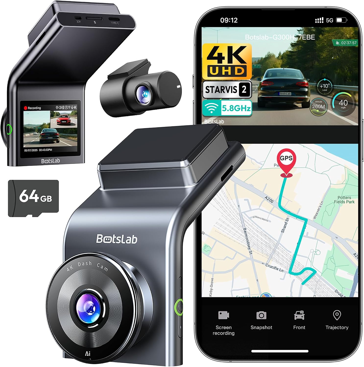 BOTSLAB G300 Plus 4K dash cam front and rear unit on a white background