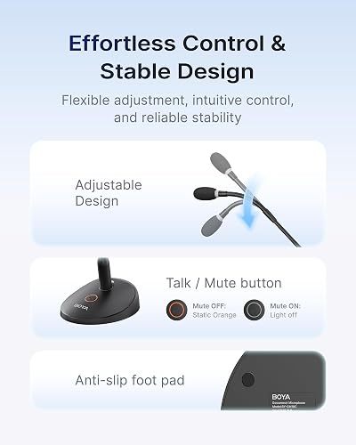 BOYA BY-GM18CU adjustable gooseneck, talk/mute button, and anti-slip base