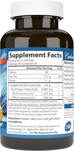 Carlson Maximum Omega 2000 supplement facts panel showing 2,000 mg of omega-3s per serving