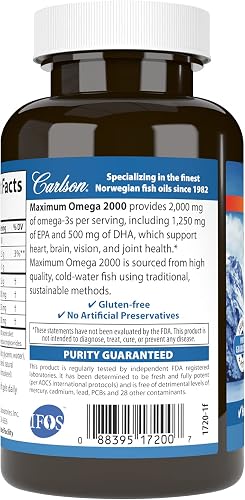 Carlson Maximum Omega 2000 lemon-flavored soft gels shown next to the bottle