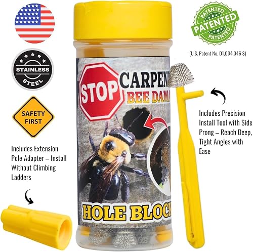 Carpenter bee plugs installed in wood