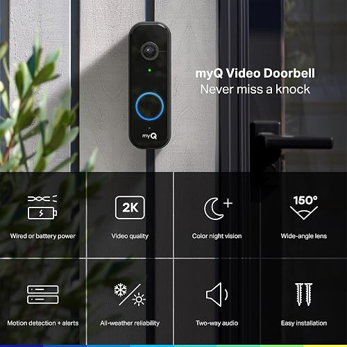 Chamberlain myQ Video Doorbell mounted beside a front door, showing its matte black design