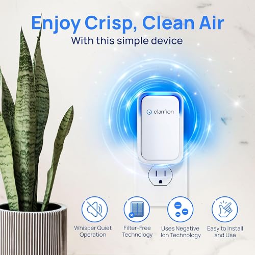 Clarifion air ionizer plugged into a wall outlet showing its soft blue LED
