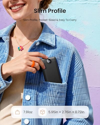 Coowisty portable charger slipped into a jacket pocket, with the listing figures of 7.91 oz and 5.95 by 2.76 by 0.72 inches