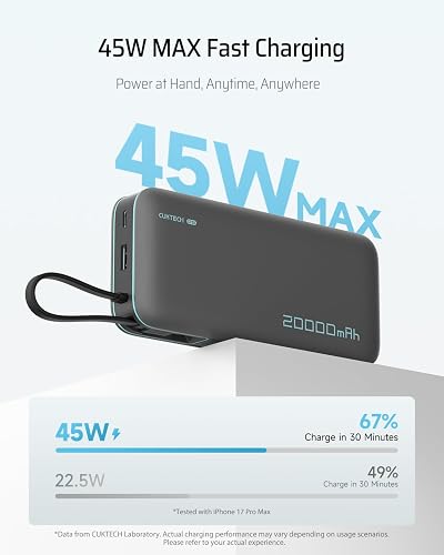 CUKTECH 45W power bank showing its built-in USB-C cable and port layout