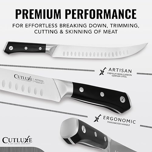 The Cutluxe 10-inch cimeter butcher knife showing its long curved breaking blade and full-tang pakkawood handle