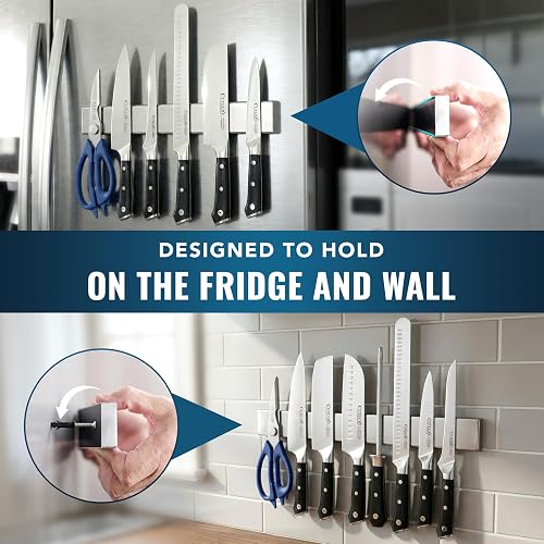 Cutluxe magnetic knife holder mounted with kitchen knives attached