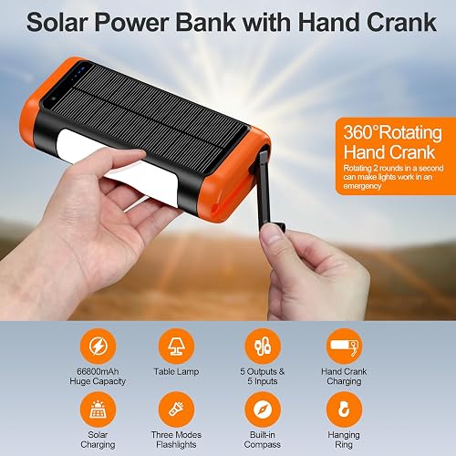 DJKK 66800mAh solar power bank showing its capacity, ports, and built-in cables