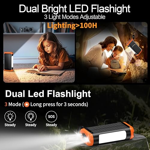 DJKK solar power bank lantern and flashlight lighting a table at night