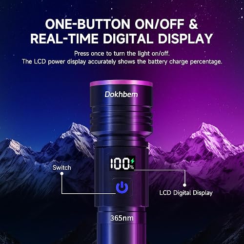 Dokhbem 365nm UV flashlight LCD battery display and one-button switch
