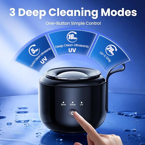 DOLALA ultrasonic cleaner product graphic showing its three one-button cleaning modes at 5, 10, and 20 minutes