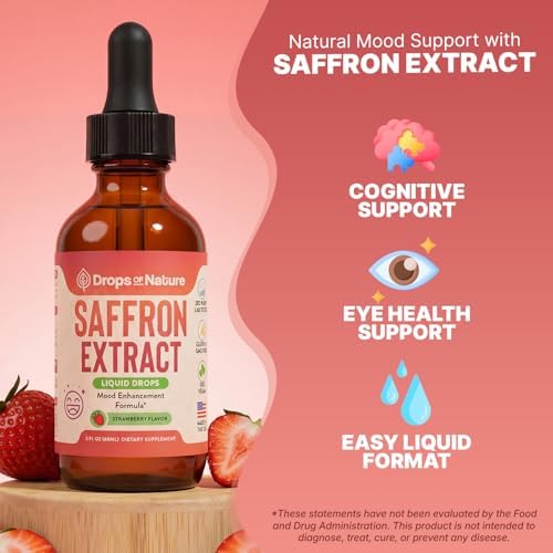 Drops of Nature Saffron Liquid Drops bottle with its strawberry-flavored pump dispenser