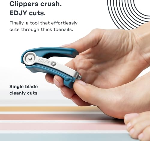 EDJY Toenail Cutter slicing cleanly through a thick toenail with a single stainless steel blade