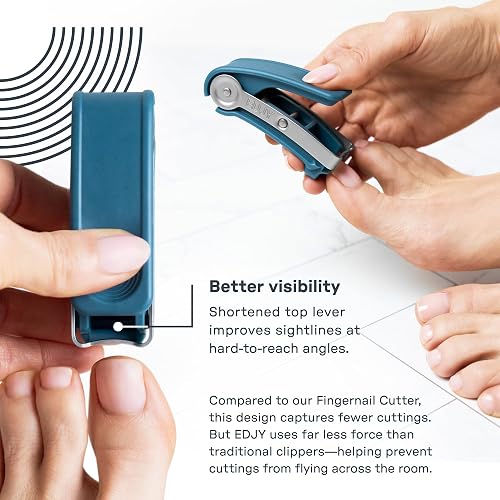 The EDJY Toenail Cutter trimming a toenail; its shortened lever aids visibility but it captures fewer clippings than the fingernail model