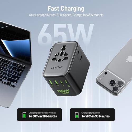 Epicka Pulse Duo 65W showing slide-out plug types and universal AC outlet