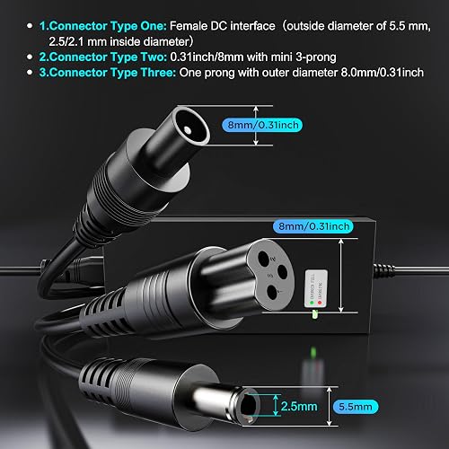 EVAPLUS 42V 2A charger showing its three connector tips with plug dimensions labeled