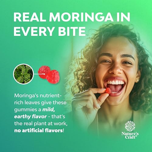 Close-up of the strawberry-flavored Nature's Craft moringa gummies showing their soft, chewable texture