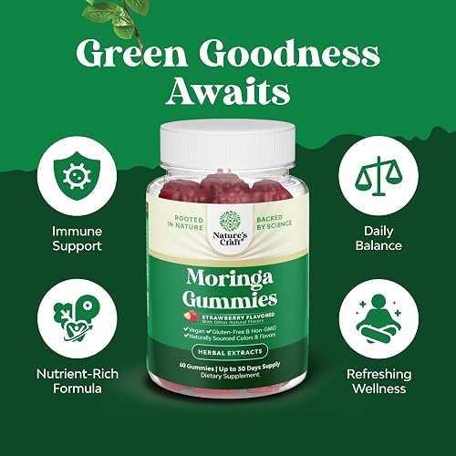 Nature's Craft Extra Strength Moringa Gummies bottle showing the 10:1 moringa leaf extract, vegan, and non-GMO label details