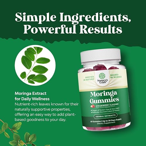 Nature's Craft Extra Strength Moringa Gummies bottle displayed with its supplement information and green superfood branding