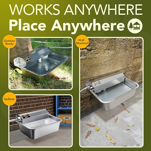 Ficuswin stainless steel automatic dog water dispenser shown outdoors with drain plug