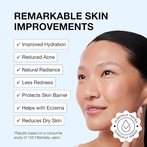 Filterbaby panel listing claimed skin improvements, footnoted to a study of 155 users