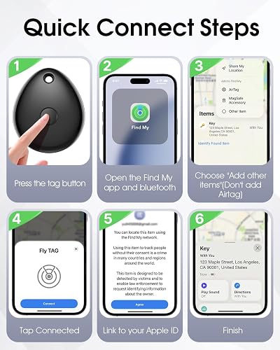 Six-step Find My pairing walkthrough for the Air Tracker Tags, from pressing the tag button to finishing setup