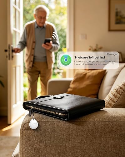 Air Tracker Tag clipped to a briefcase left on a couch, triggering a left-behind notification on iPhone