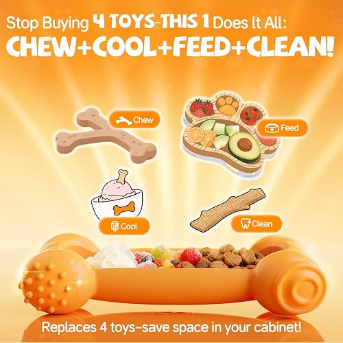 The FOXMM bone shown doing four jobs in one: chew, cool, feed, and clean, replacing several separate dog toys
