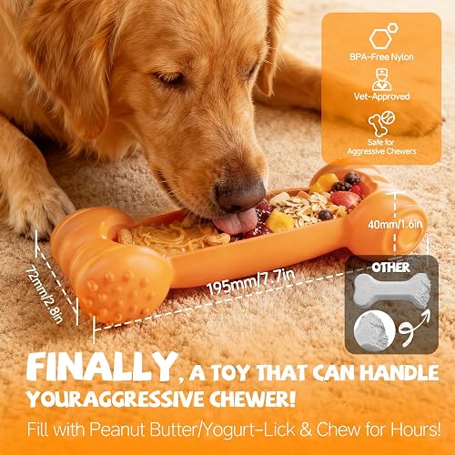 The FOXMM nylon bone beside a dog, showing its 7.7-inch size and firm, non-bending texture
