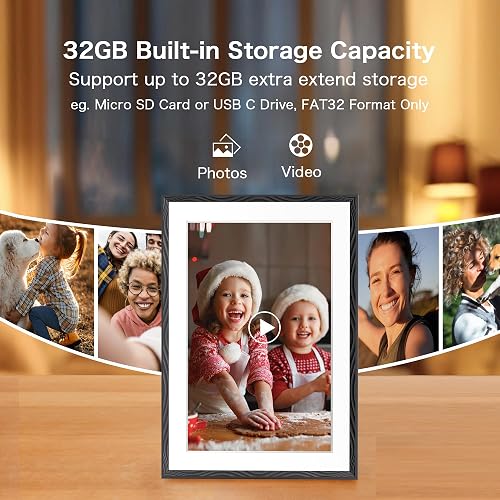 Frameo digital photo frame in portrait orientation playing a video clip alongside stored photos