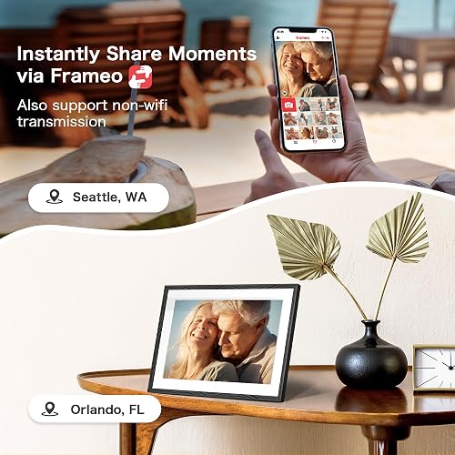 Photo being sent from a phone in one city to a Frameo digital picture frame in another